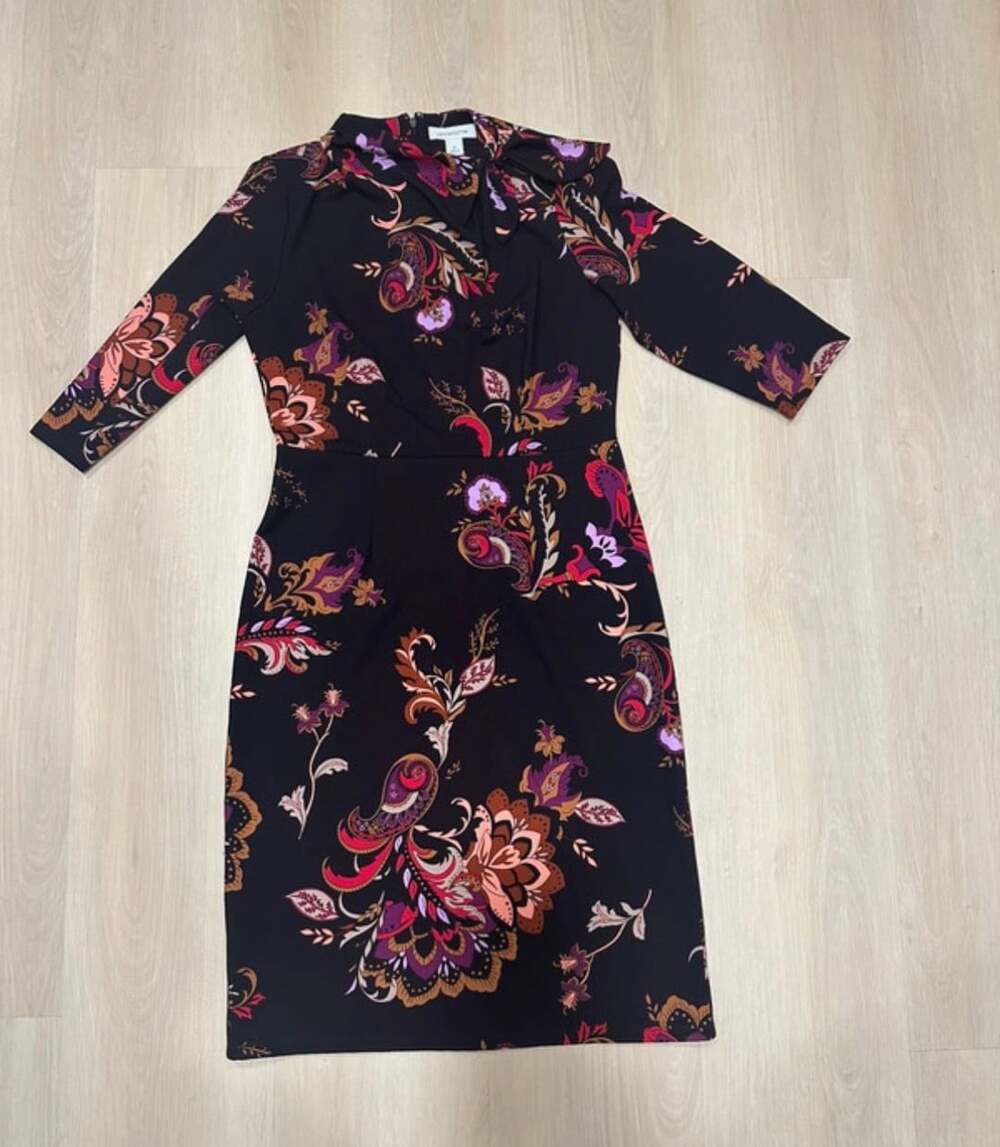 Liz Claiborne Paisley Dress Size 10 Black Floral Tie Neck Midi